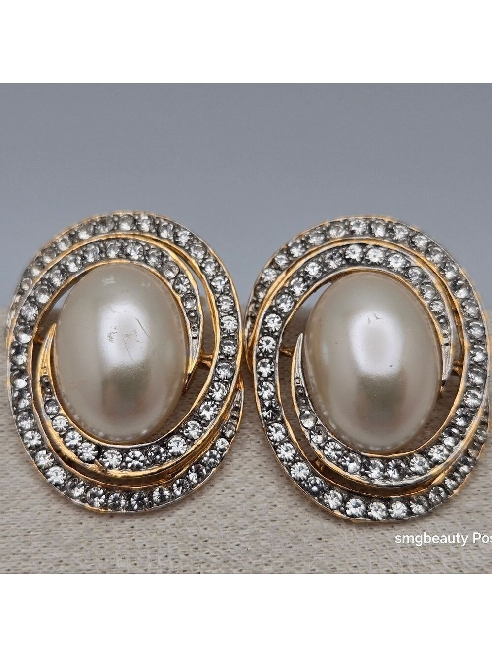 Faux Pearl & Rhinestones Vintage EVCO Gold-Tone Swirl Clip-On Earrings